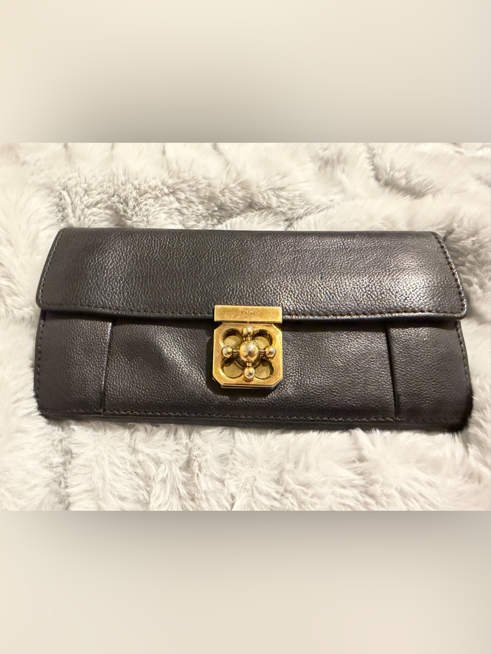 Chloe Black Leather Clutch with Gold Tone Turnlock